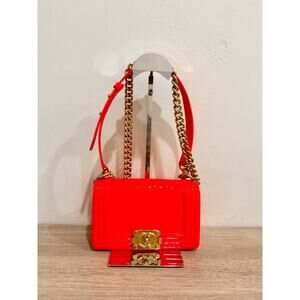 Chanel Patent Leather Small Boy Shoulder Handbag with Chain Strap Orange